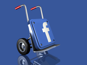 3d illustration of a large blue Facebook logo sitting on a metallic hand truck on a dark reflective surface